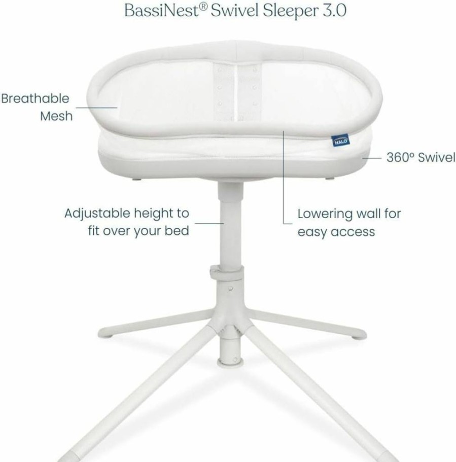HALO Bassinest 3.0S Swivel Sleeper Baby Bassinet - 360° Rotation, Adjustable Height, Breathable Mesh, Soothing Sounds & Vibrations, Lowering Side for Easy Access