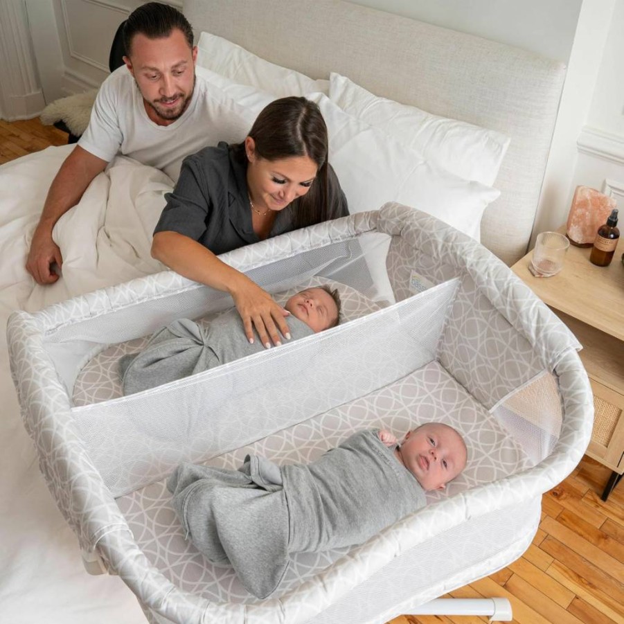 HALO Premiere Series Twin Sleeper Bassinet – Adjustable Bedside Double Bassinet with Soothing Center, Vibration, Lullabies & Sounds, Sand Circle Design